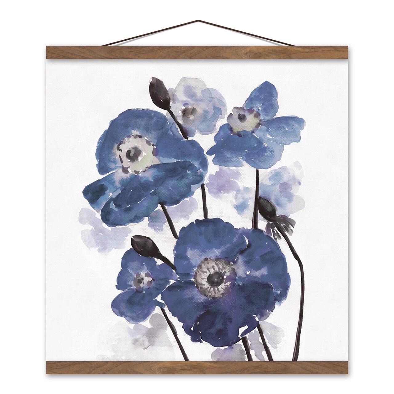 Blue Watercolor Flowers 16" x 16" Teak Hanging Canvas